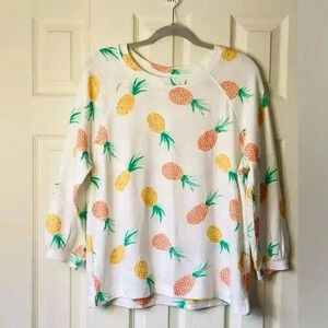 LOFT Women's Pineapple Print White Sweatshirt 100% Cotton Long Sleeves Size M